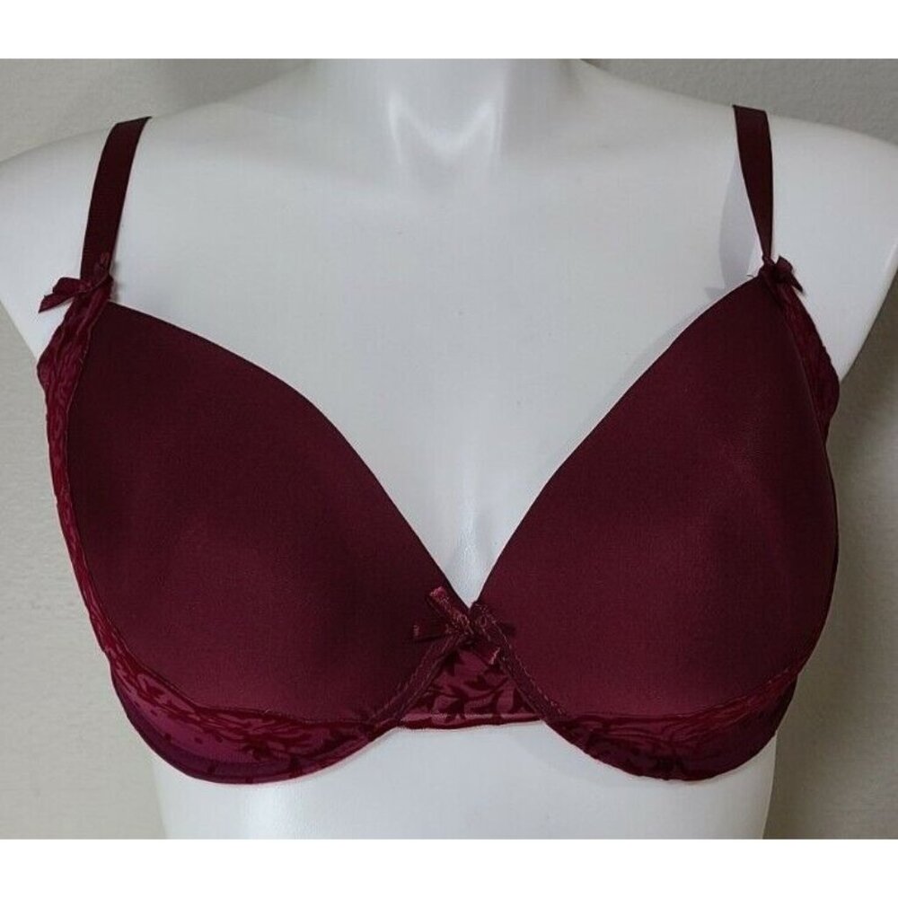 Delta Burke Women's Full Coverage Plunge Bra Maroon Red Velvet Trim 5659-36 40DD